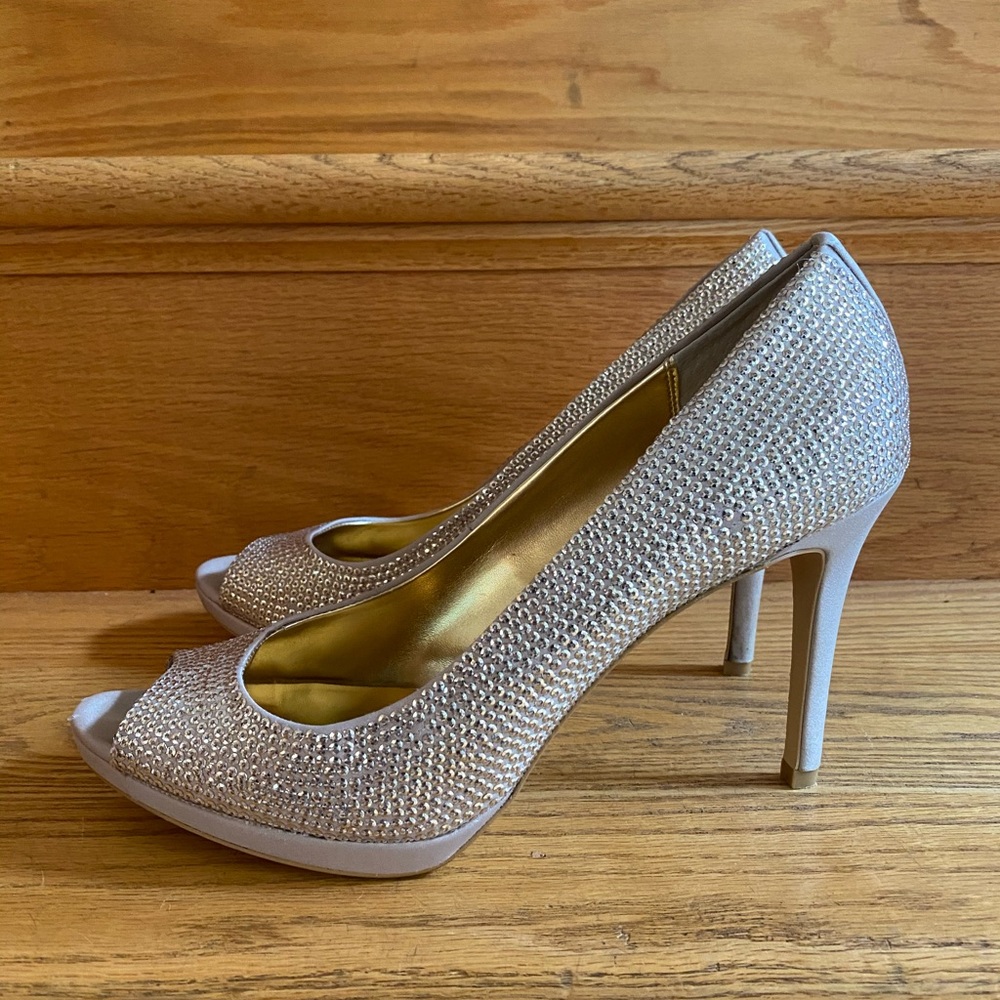 Champagne Gold Mini Sequin Peep Toe Pumps